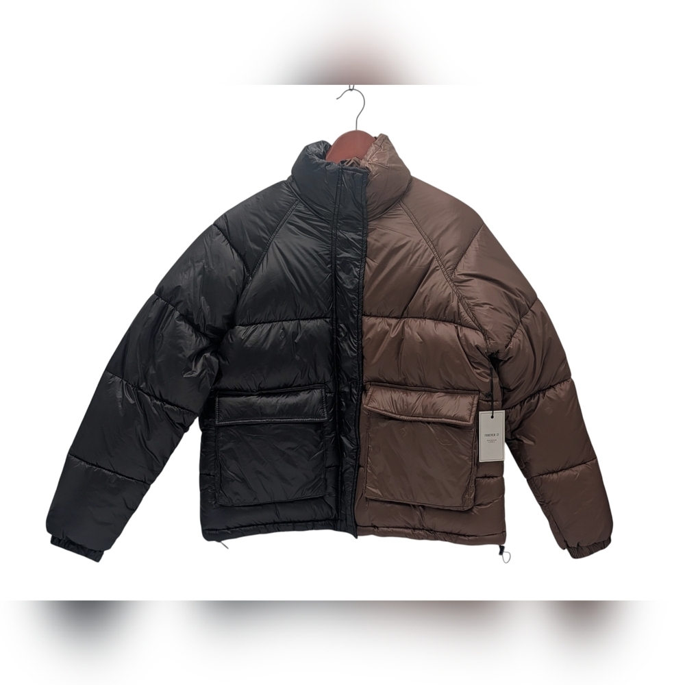 NWT Forever 21 Color Block Puffer Jacket Sz S Black/Brown Women Funnel Neck - Picture 10 of 17